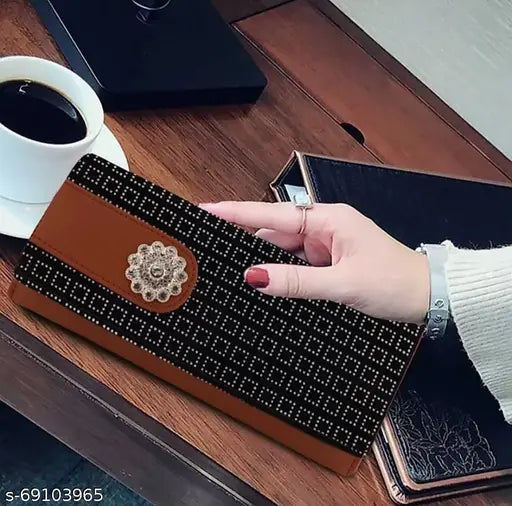 A faux leather wallet with 4 card pockets, peacock tan color