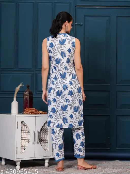 Cotton Woman printed kurta set, two-piece set with palazzos, three-quarter sleeves, light color, wash with cold water, India origin