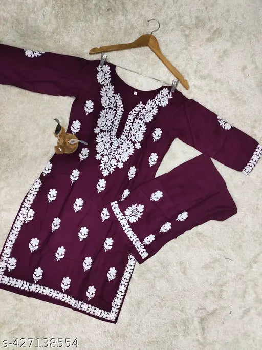 Chikankari rayon kurta set with palazzos, embroidered net, three-quarter sleeves. Indian traditional clothing for women, size M-6XL available