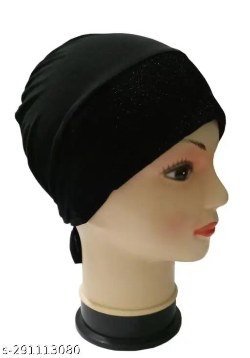 Black hijab cap with black ribbon, designed for modesty, one size fits all
