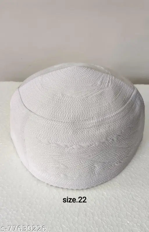 White cotton traditional Islamic Prayer Cap (Namazi Muslim Topi), less large size 22 inches, self-designed with cross line texture. Comfortable, authentic, and easy to maintain. Original condition, no stains or tears. Perfect for men's salat prayer. Made in India