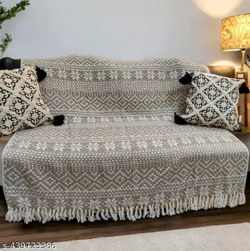 Beige floral pure cotton sofa throw, elegant and cozy home decor accessory for living space or travel use