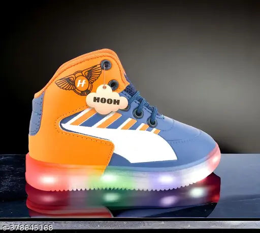 Children's lightweight sports shoes with orange and blue color accents, featuring a vibrant logo design