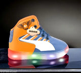 Children's lightweight sports shoes with orange and blue color accents, featuring a vibrant logo design