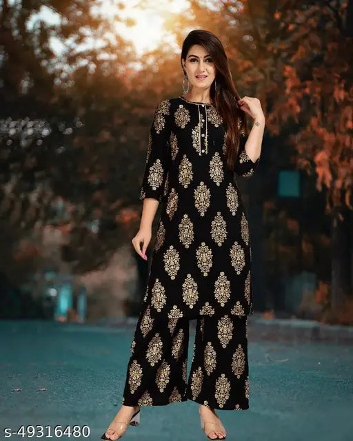 Rayon gold print stitched kurti set with palazzos, Indian festive wear in rayon fabric