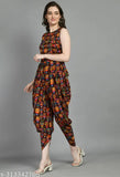 Brown multicolor crepe jumpsuit with owl print, fashionable and soft, ideal for parties and events
