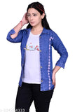 Denim three-quarter sleeve jacket by V.S. Garments and Manufacture, solid net pattern, XL size (bust 17in, length 25in, shoulder 16in), perfect for seasonal transitions and a wardrobe staple