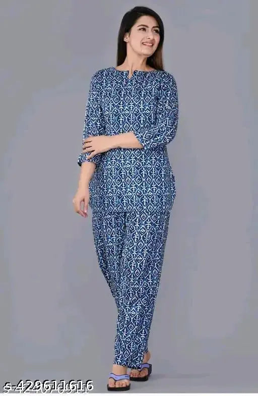 Rayon printed nightsuit, three-quarter sleeves, Indian-made woman's pyjamas