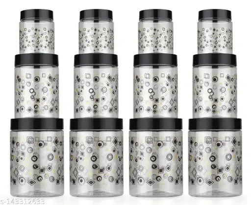 Premium print kitchen containers with spoons, set of 12, 1200ml, 650ml, 350ml, black color