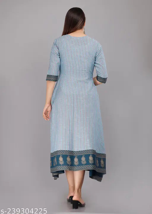 New long anarkali kameez in cotton, blue and white striped pattern, full length, waist belt detailing
