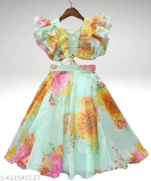 Georgette lehenga choli for kids, floral print, short sleeves. Premium-quality fabric, intricate embroidery, adjustable waistband. Exquisite Indian attire for little princesses