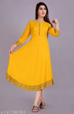Mustard solid rayon Anarkali for women, three-quarter sleeves, Indian fashion trends