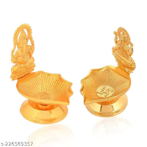 Golden finish Karauli Collection Ganesh-Laxmi metal idols diya oil lamp, ideal for home puja decor (2pcs, 5cm x 8cm x 7cm)