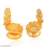 Golden finish Karauli Collection Ganesh-Laxmi metal idols diya oil lamp, ideal for home puja decor (2pcs, 5cm x 8cm x 7cm)