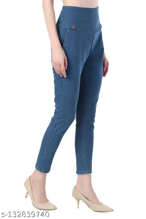 Blue denim pocket skinny jeans, solid pattern, size 28-40, women's denim jeans on hanger