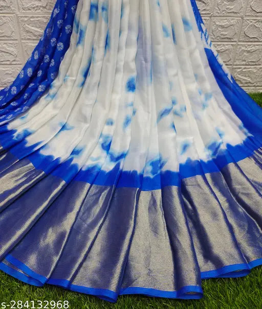 Soft Brasso Moss Chiffon Shibori Print Saree with Contrast Blouse - Premium quality, soft fabric, peacock border, and big contrast blouse. Indian origin