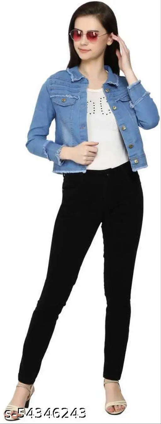 Light blue denim women's RAF look jacket, solid pattern with long sleeves and shank buttons, ideal for casual outfits, India origin