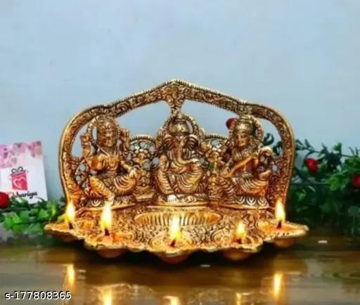 Metal Laxmi Ganesh Saraswati idol with 5 diyas, 22cm x 12cm x 16cm, Aluminium, Indian craft