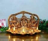 Metal Laxmi Ganesh Saraswati idol with 5 diyas, 22cm x 12cm x 16cm, Aluminium, Indian craft