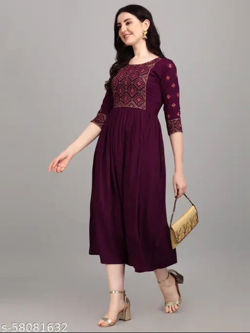 Rayon embroidered laxmi wine kurti, three-quarter sleeves, Indian traditional clothing for women in S, M, L, XL, XXL sizes