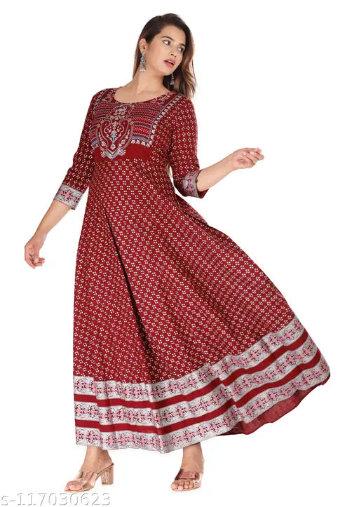 Trendy rayon Anakali gown with printed combo, three-quarter sleeves, for women's fashion, India origin