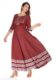 Trendy rayon Anakali gown with printed combo, three-quarter sleeves, for women's fashion, India origin