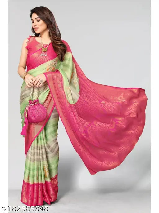 Newest chiffon Brasso saree with solid print blouse, Indian party wear or festival attire
