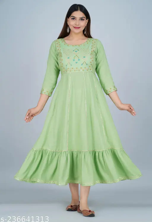 Embroidered rayon anarkali kurta for women in three-quarter sleeves, traditional Indian attire with embroidery detail, available in multiple sizes (M, L, XL, XXL, XXXL)