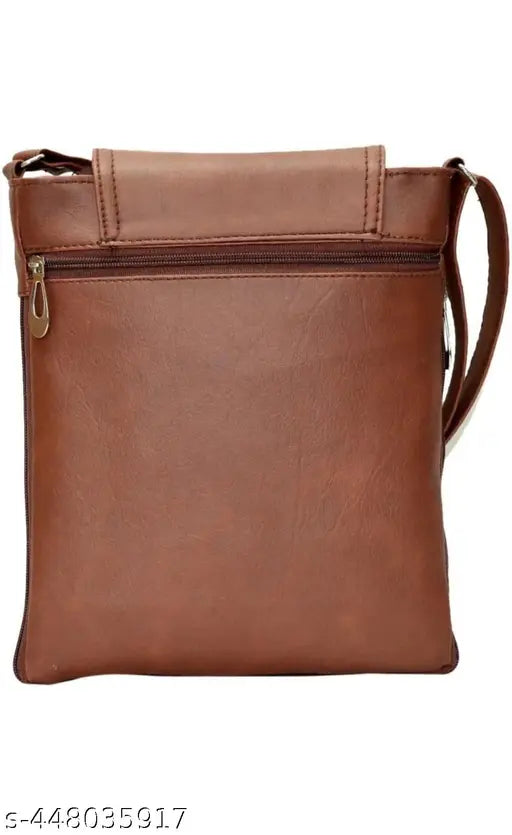 Brown leather casual sling bag with zip closure