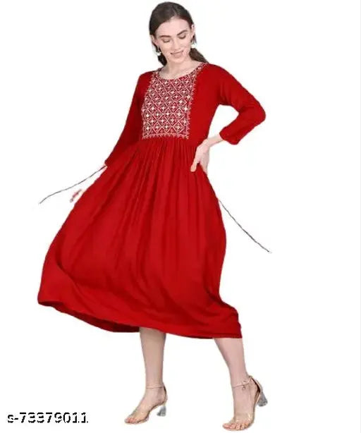 Red rayon anarkali kameez with embroidered yoke, long skirt