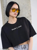 ThankUBlack cotton half-sleeve cropped T-shirt, round neck and drop shoulder design, suitable for casual summer wear for women & girls. Black color, loose fit, breathable, moisture-wicking, and stylish. Made in India