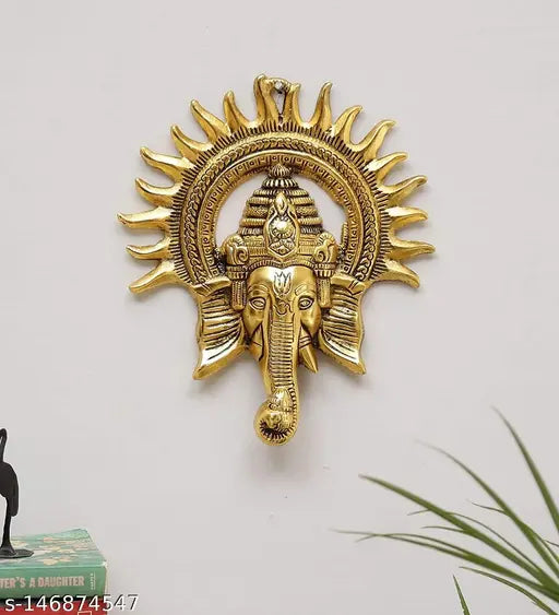 Gold-painted metal Ganesh idol wall decor, 23cm tall, unique design for home art