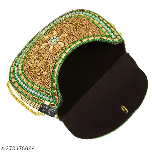 A handcrafted gold embellished clutch purse with a sling bag design, showcasing a detailed embroidery pattern