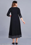 Black rayon round pleated flared kurti with three-quarter sleeves, stylish casual/formal wear for women. One ready-made piece