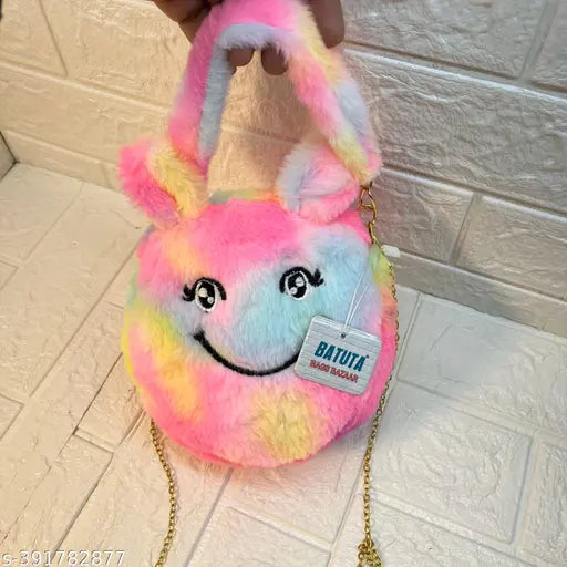 Stylish sling bag for girls, handbag with heart charm, pink and purple fur trim