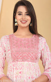 Pink chamki print anarkali with embroidery, flared sleeves