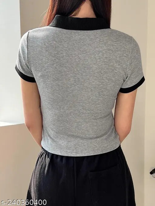 Crop collar cotton T-shirt with short sleeves, self-design net pattern, XS to XXXXL sizes, India-made