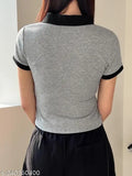 Crop collar cotton T-shirt with short sleeves, self-design net pattern, XS to XXXXL sizes, India-made