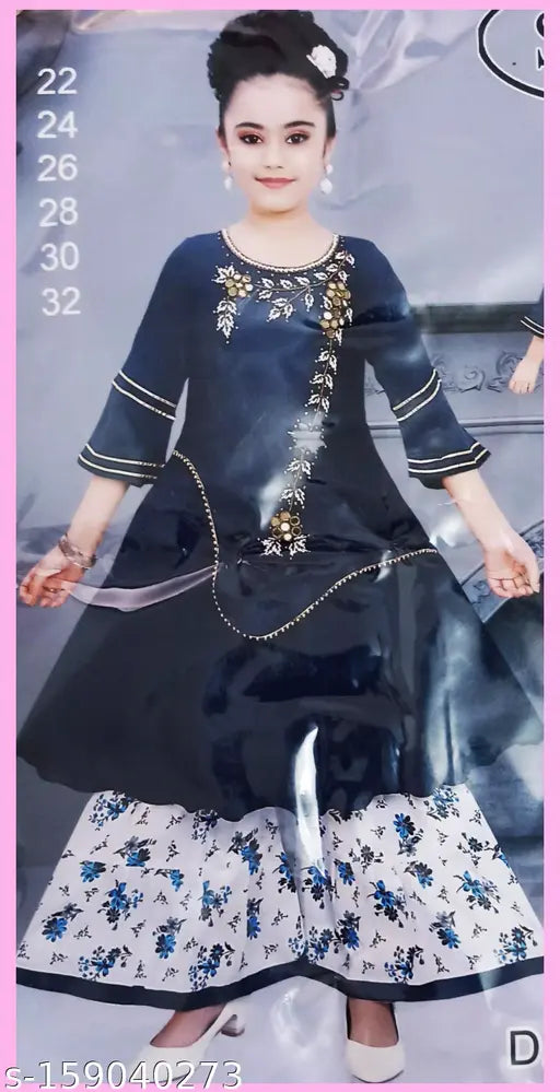 Modern classy girls kurta sets, printed A-line sharara with three-quarter sleeves for children aged 6-7 years, Indian traditional clothing on display