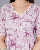 Purple rayon Alia cut kurti with floral print, short sleeves, ideal for women's fashion