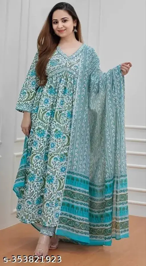 Premium printed rayon-viscose Aliya cut women's kurti pant with duppatta, vibrant pattern on display for special occasions