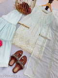 Blue and gold heavy faux georgette sari with heavy embroidery, sequin embellishments on borders, and bell sleeves