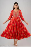 Rayon long embroidered Riyon anarkali kurta with Sanganeri print, India origin, suitable for XS - 6XL sizes