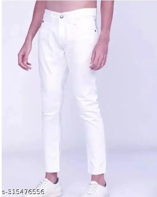 Cotton blend flaying men's white jeans, solid pattern for sizes 28, 30, and 32