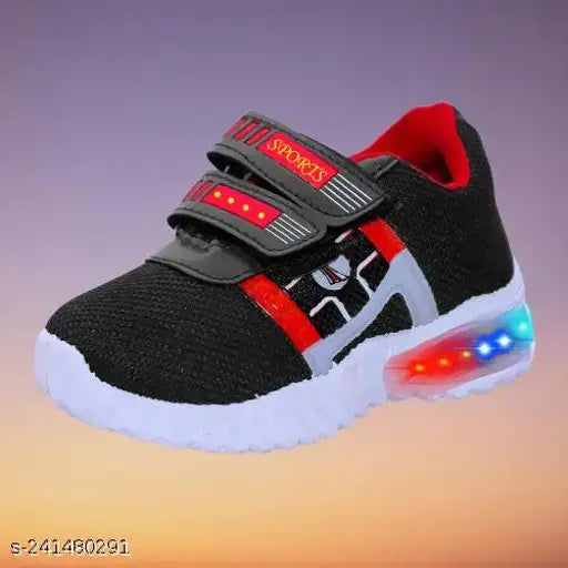 Led light up shoes for kids with a black and red design, suitable for outdoor sports activities