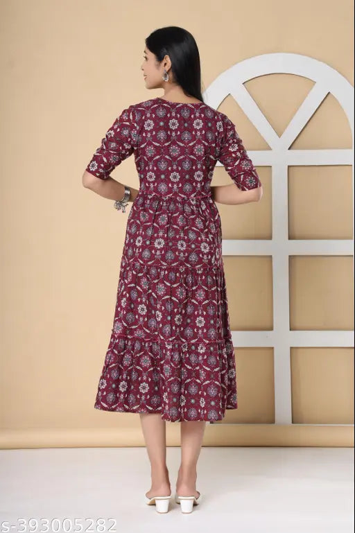Cotton three-quarter sleeve women's floral print Anarkali kurta, single color pattern from Suraja fashion, India