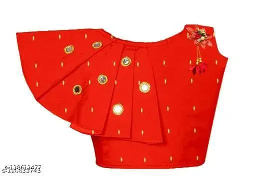 Kids black A-line lehenga with red choli, self-designed, cotton blend, intricately embellished, available in multiple sizes for kid's parties or ethnic wear