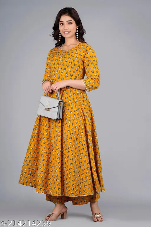 Cotton Anarkali kurti set with palazzos, three-quarter sleeves, printed net, pack of 2 sizes M & L, Indian ethnic wear on model