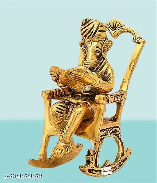Metal Ganesh reading Ramayana statue, Hindu God Ganesha sitting on swinging chair idol, 6cm x 14cm x 8cm Indian handcrafted decorative showpiece