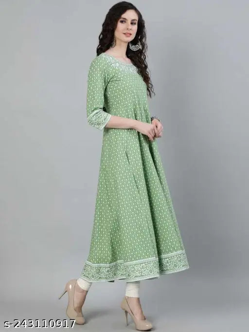 Rayon printed kurti with three-quarter sleeves, vibrant Indian fashion on mannequin
